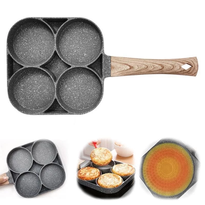 Chảo Chiên Rán Trứng Làm Bánh 4 Ngăn 3 Ngăn Chống Dính - Khuôn Chảo Chống Dính Tay Cầm Gỗ 4 ngăn nấu được mọi loại bếp - 3