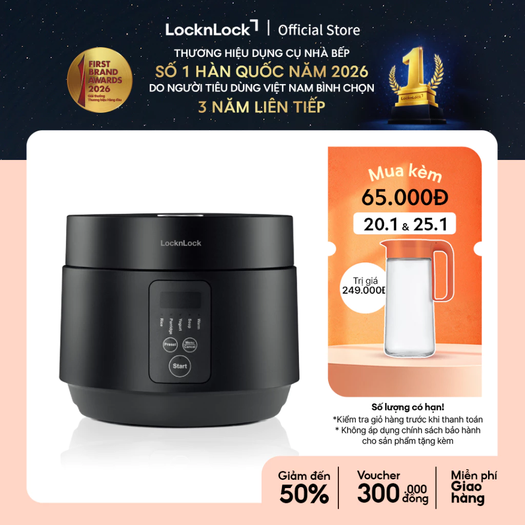 Nồi cơm điện Lock&Lock Compact Rice Cooker 1.2L màu đen EJR346BLK