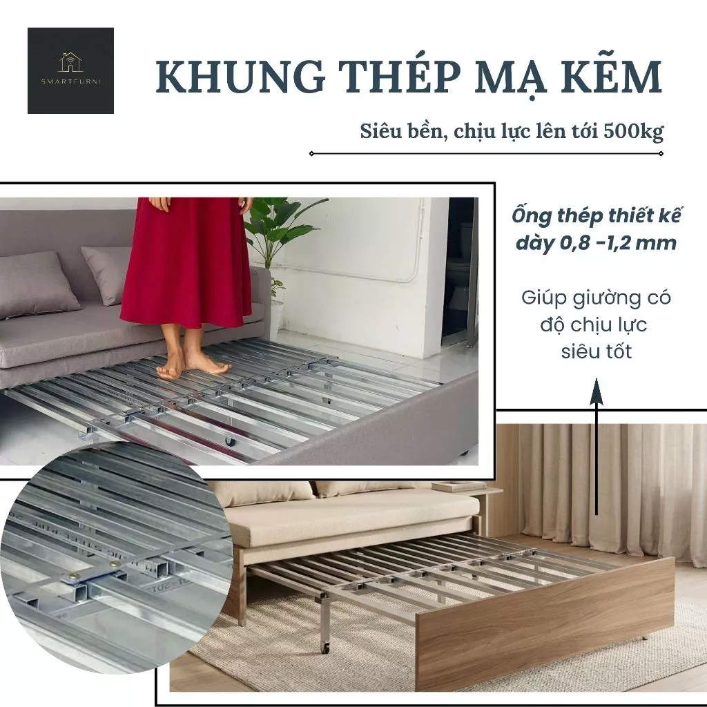 [Smartfurni] Sofa giường gấp gọn thông minh SmartFurni SMF23 - Vải canvas MÀU BE,khung thép mạ kẽm - 2