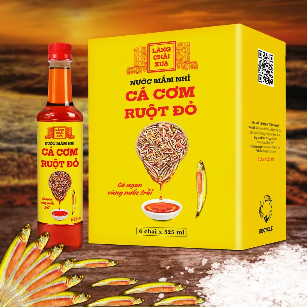 [TẶNG 1 NƯỚC TƯƠNG 125ML] Thùng 6 chai Nước mắm nhỉ truyền thống cá cơm ruột đỏ Làng Chài Xưa 525ml - cá ngon vùng nước