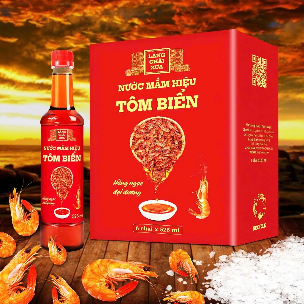 [TẶNG 1 NƯỚC TƯƠNG 125ML] THÙNG 6 CHAI Nước mắm tôm biển truyền thống Làng Chài Xưa 525ml Hồng Ngọc Đại Dương