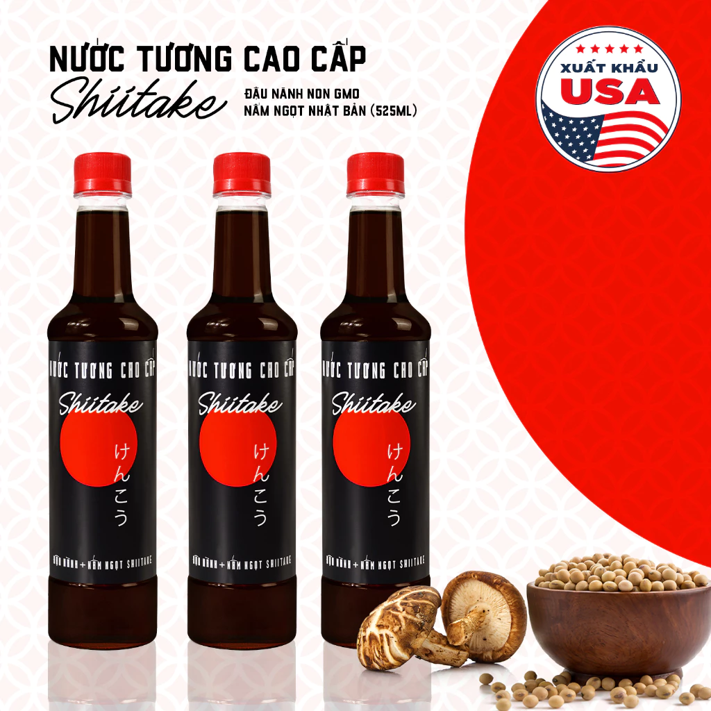 Combo 3 Chai 525ml Nước Tương Cao Cấp Shiitake Làng Chài Xưa Lên Men Từ Nấm Ngọt Nhật Và Đậu Nành