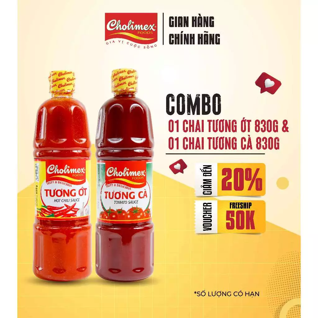 Combo 2 Chai Tương Ớt Cholimex 830g + Tương Cà Cholimex 830g – Gia vị chấm & nấu ăn ngon chuẩn vị