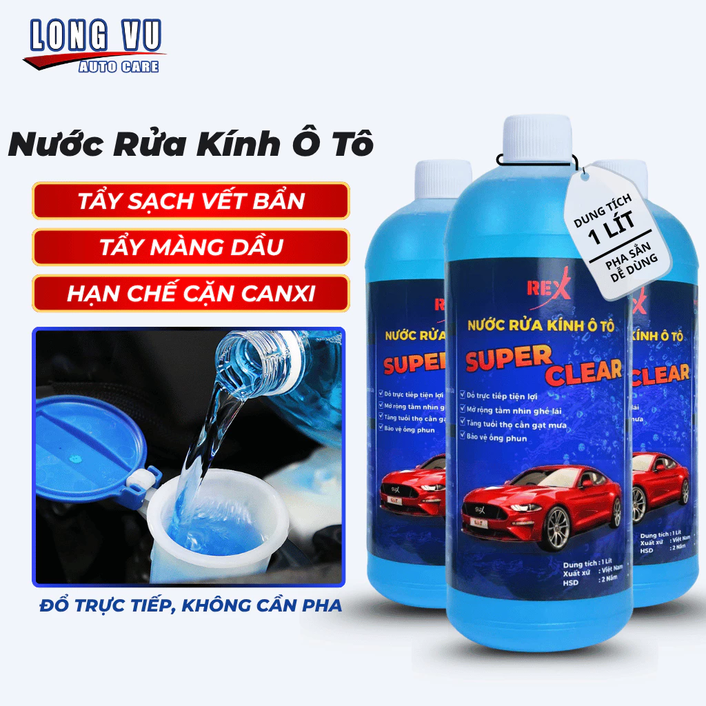 Nước Rửa Kính Ô Tô SUPER CLEAR - Sạch Bóng, Không Đóng Cặn, Phù Hợp Mọi Dòng Xe Hơi - Chai 1L