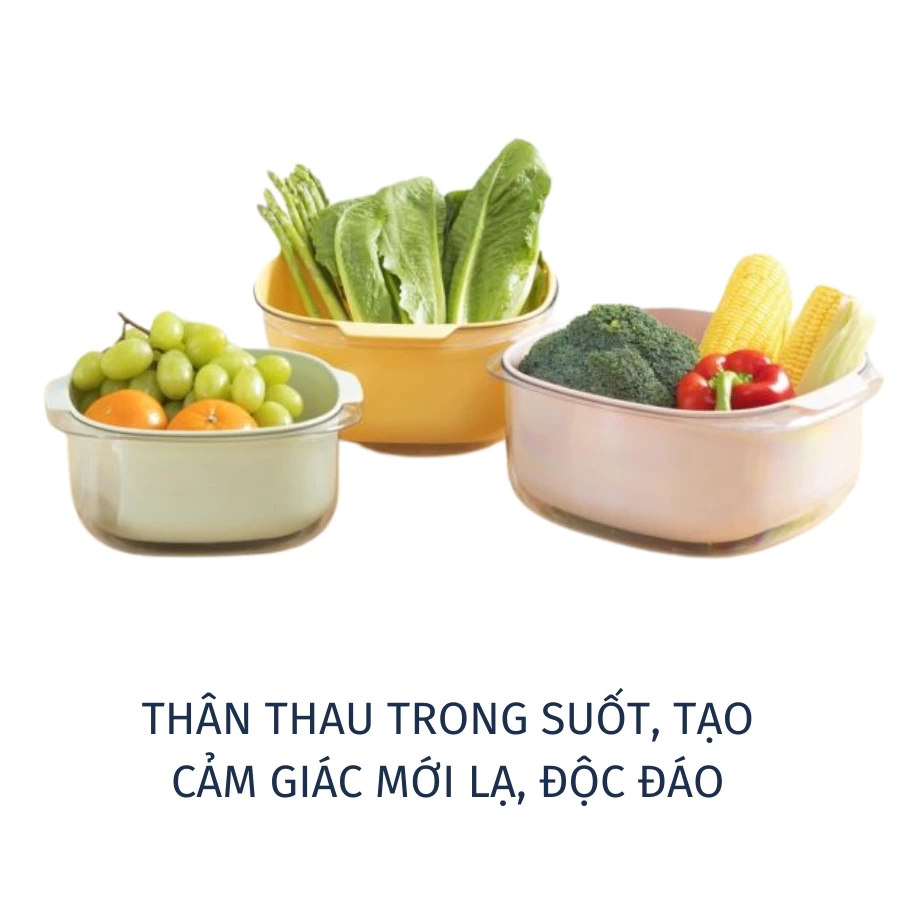 Bộ thau rổ nhựa vuông inochi Yoko chính hãng, rổ to kèm thau trong suốt đựng rửa rau tiện lợi, an toàn, kháng khuẩn