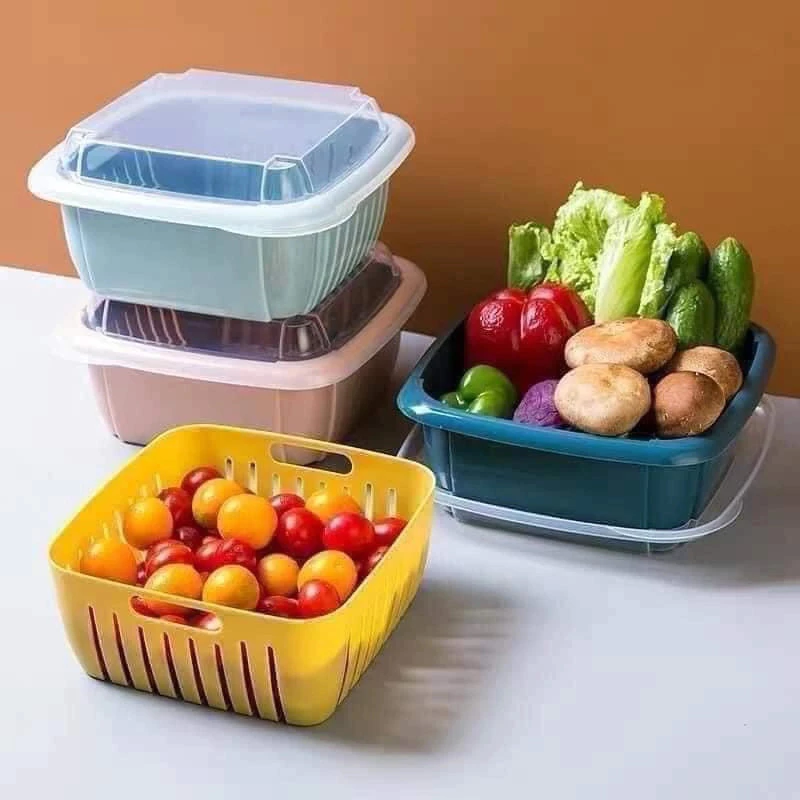 Bộ Rổ Vuông Kèm Thau Có Nắp Đậy 3in1 Đựng Hoa Quả, Rau Củ Giúp Ráo Nước Chất Liệu Nhựa PP