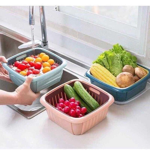 Bộ Rổ Vuông Kèm Thau Có Nắp Đậy 3in1 Đựng Hoa Quả, Rau Củ Giúp Ráo Nước Chất Liệu Nhựa PP - 3