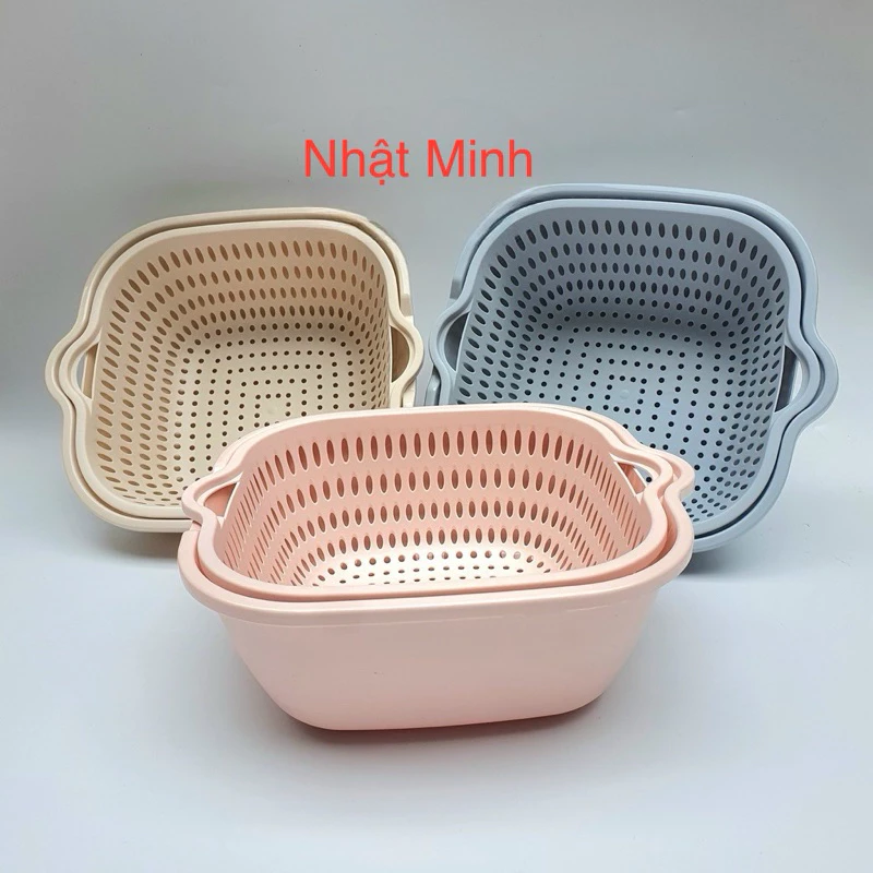 BỘ RỔ VUÔNG KÈM CHẬU VIỆT NHẬT 3288/3289/3290, BỘ RỔ THAU 2 LƠP 3 MÓN - 3