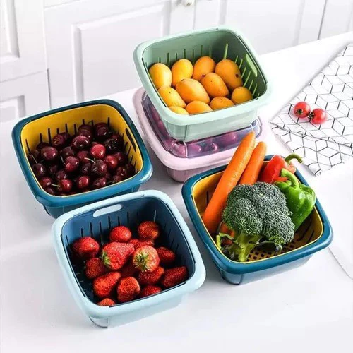 Bộ Rổ Vuông Kèm Thau Có Nắp Đậy 3in1 Đựng Hoa Quả, Rau Củ Giúp Ráo Nước Chất Liệu Nhựa PP - 3