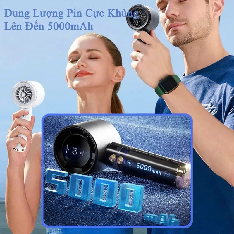 Quạt mini cầm tay M2 5000mAh di động có thể sạc gió mạnh 100 tốc độ turbo phản lực màn hình hiển thị pin tặng dây đeo - 5