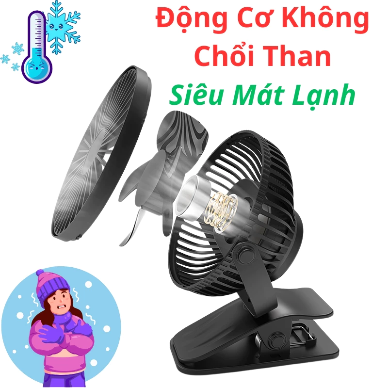 Quạt Tích Điện Mini Kẹp Bàn Văn Phòng, Đèn LED, Pin Trâu Cao Cấp – Quạt Để Bàn Tiện Dụng Sạc Type-C - 2