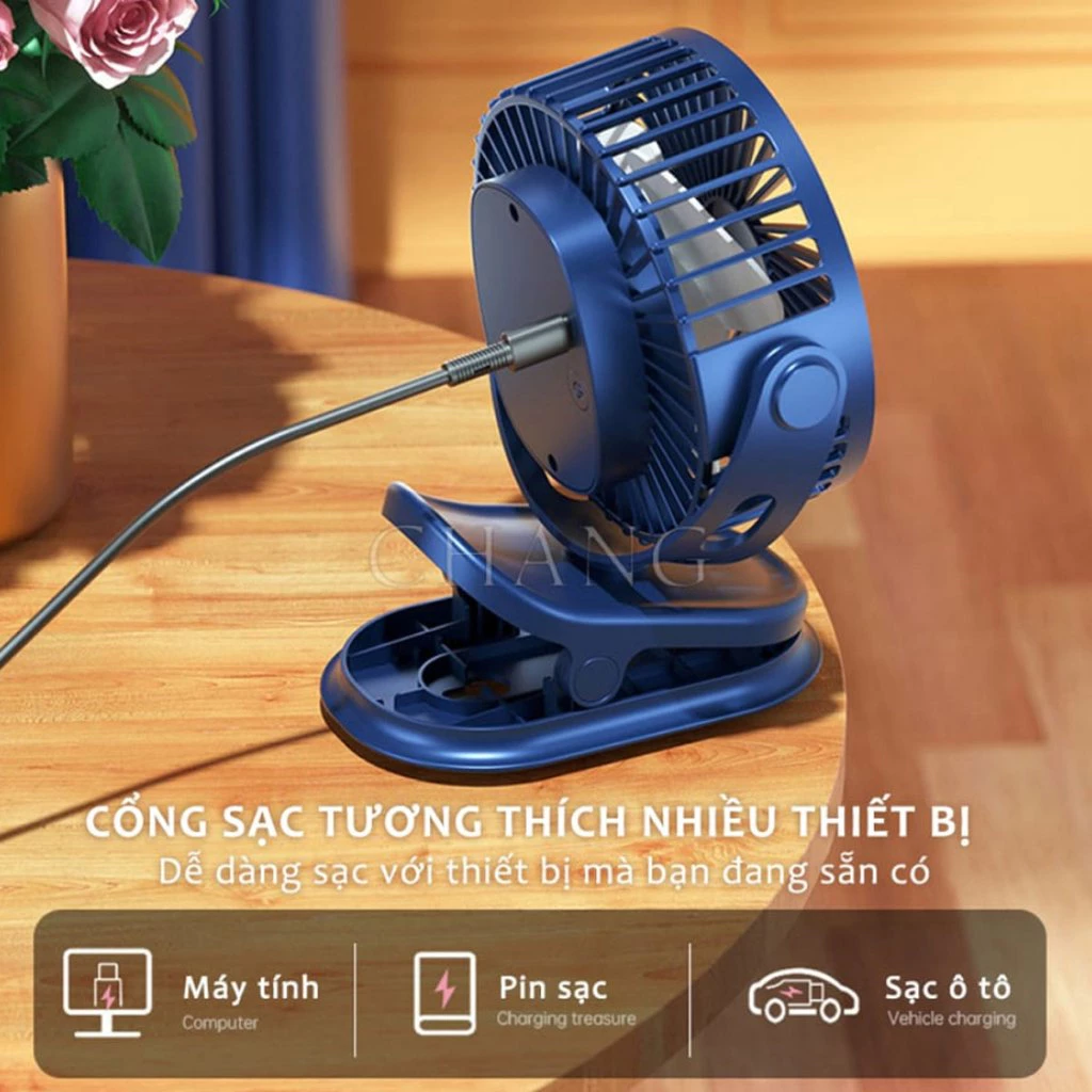 Quạt Tích Điện Mini Kẹp Bàn Văn Phòng, Đèn LED, Pin Trâu Cao Cấp – Quạt Để Bàn Tiện Dụng Sạc Type-C - 5