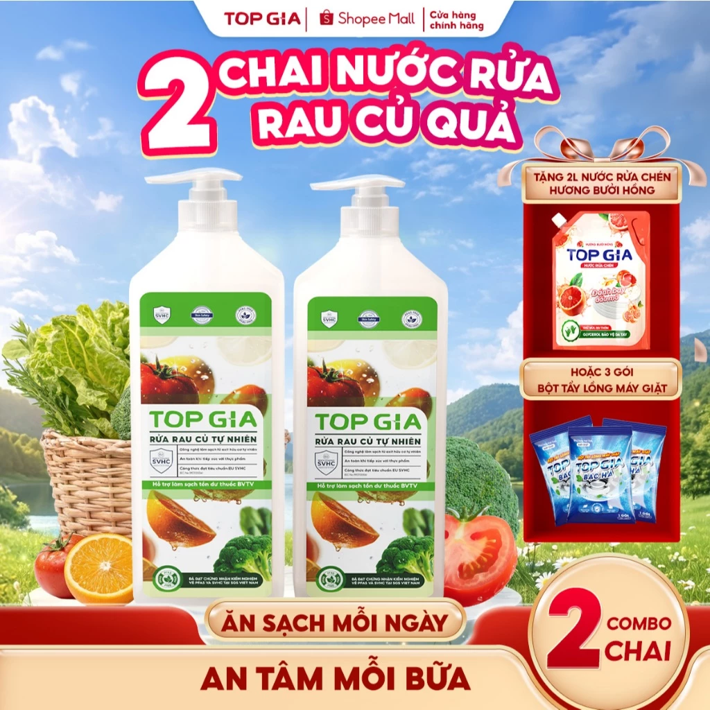 Nước Rửa Rau Củ TOPGIA Dung Tích 1300ml Làm Sạch Thực Phẩm, An Toàn, Không Dư Lượng