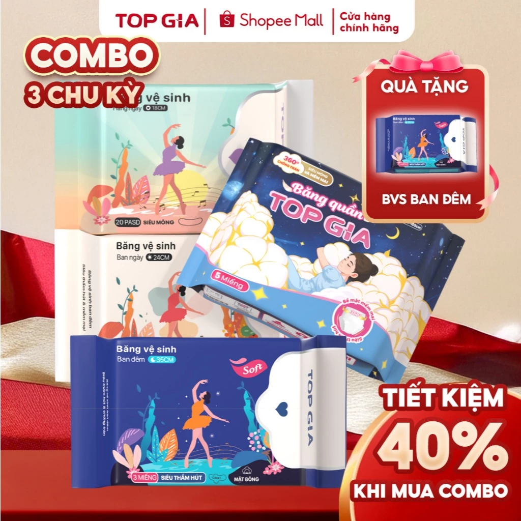 [Combo 3 Chu Kỳ] Băng Vệ Sinh TopGia An Tâm Chu Kỳ Dài, Siêu Mềm Mại, Thấm Hút Tốt, Chống Tràn Ngược