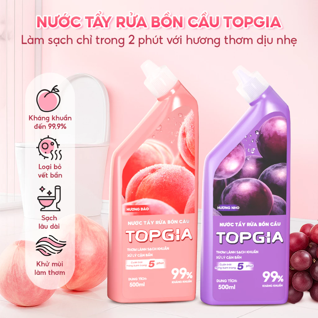 Combo 4 Chai Tẩy Bồn Cầu TOPGIA Hương Nho Đào Dịu Nhẹ, Dung Tích 500ml, An Toàn Không Hư Hại Men Sứ - 2