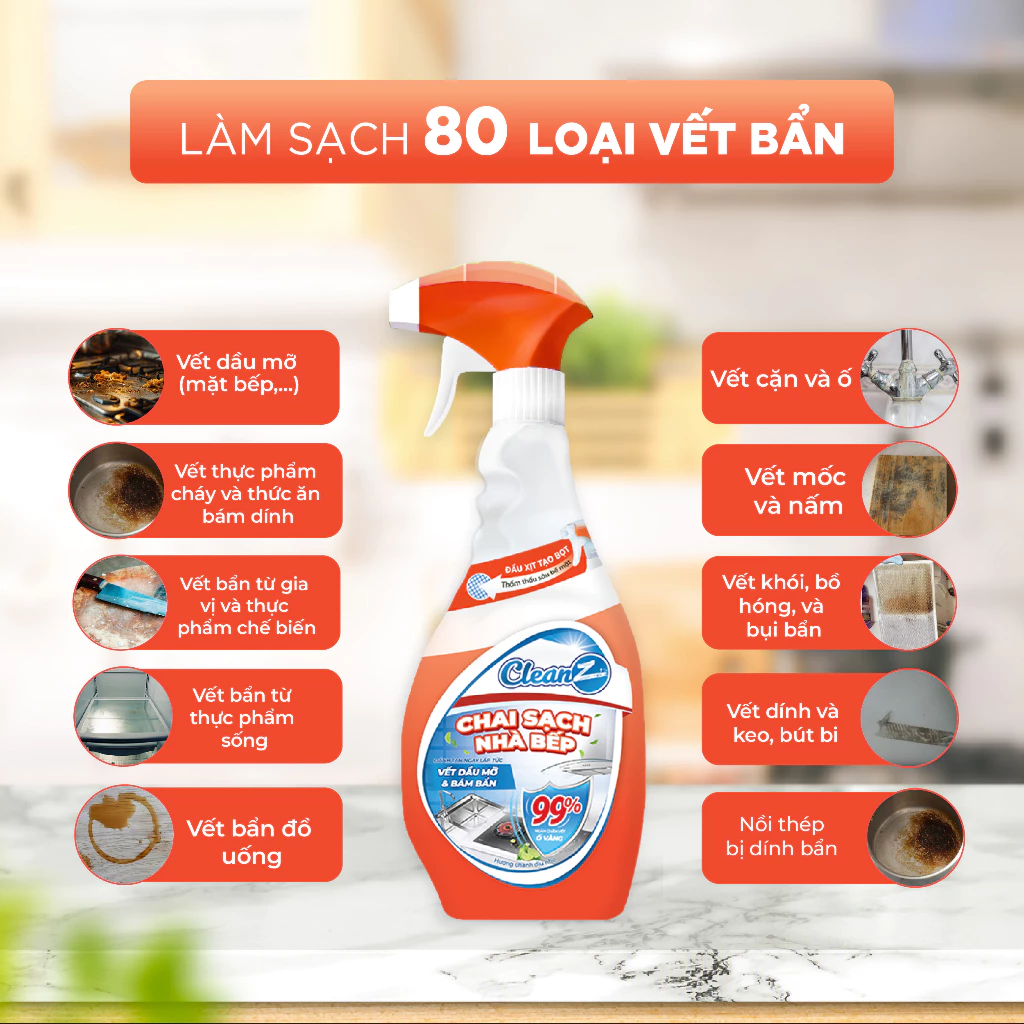 Combo chai sạch nhà bếp CleanZ, chai làm sạch dầu mỡ, mảng bám ố vàng hương chanh dịu nhẹ - 5