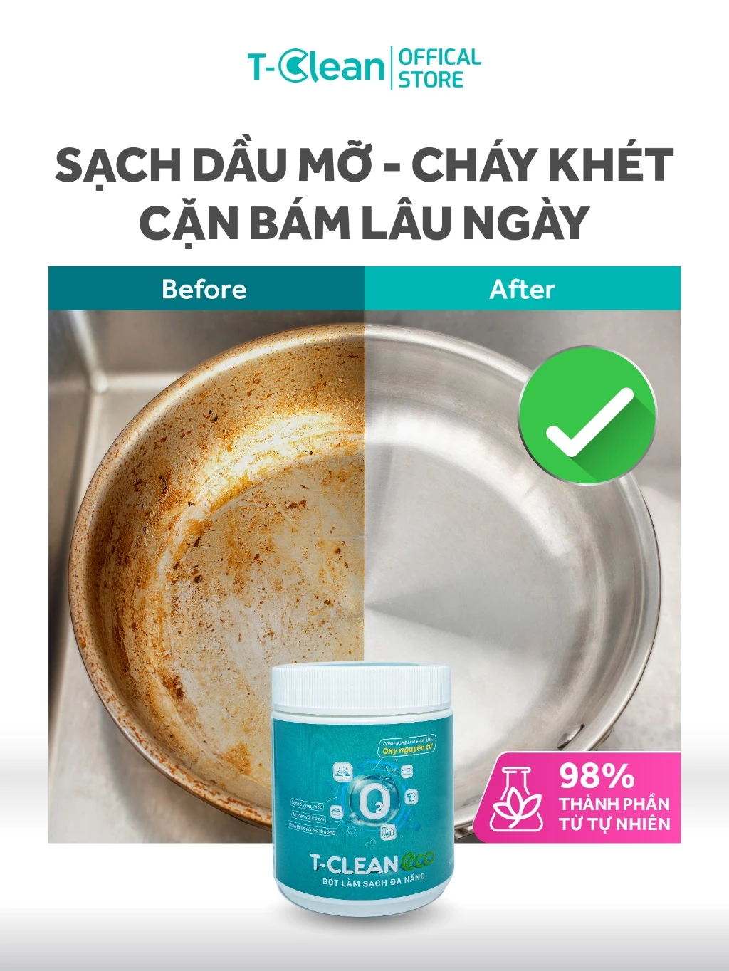 T-Clean Bột đa năng TP tự nhiên làm sạch xoong nồi inox, quần áo, khử mùi hôi tắc cống.. - 3