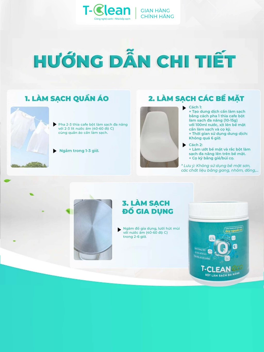 T-Clean Bột đa năng TP tự nhiên làm sạch xoong nồi inox, quần áo, khử mùi hôi tắc cống.. - 6